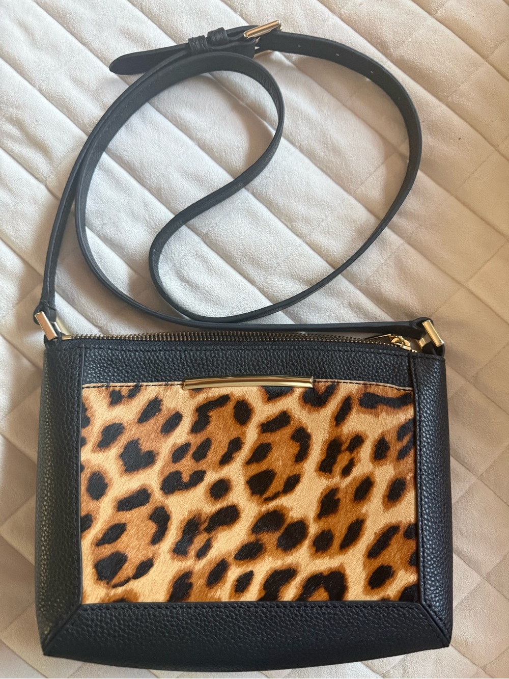 Talbots Black Leopard Print Crossbody Bag with Gold Accent